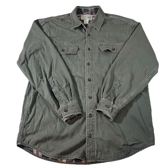 LL Bean Button Up Flannel Lined Green Hurricane Shirt Shacket Men's Size Medium - Picture 1 of 8